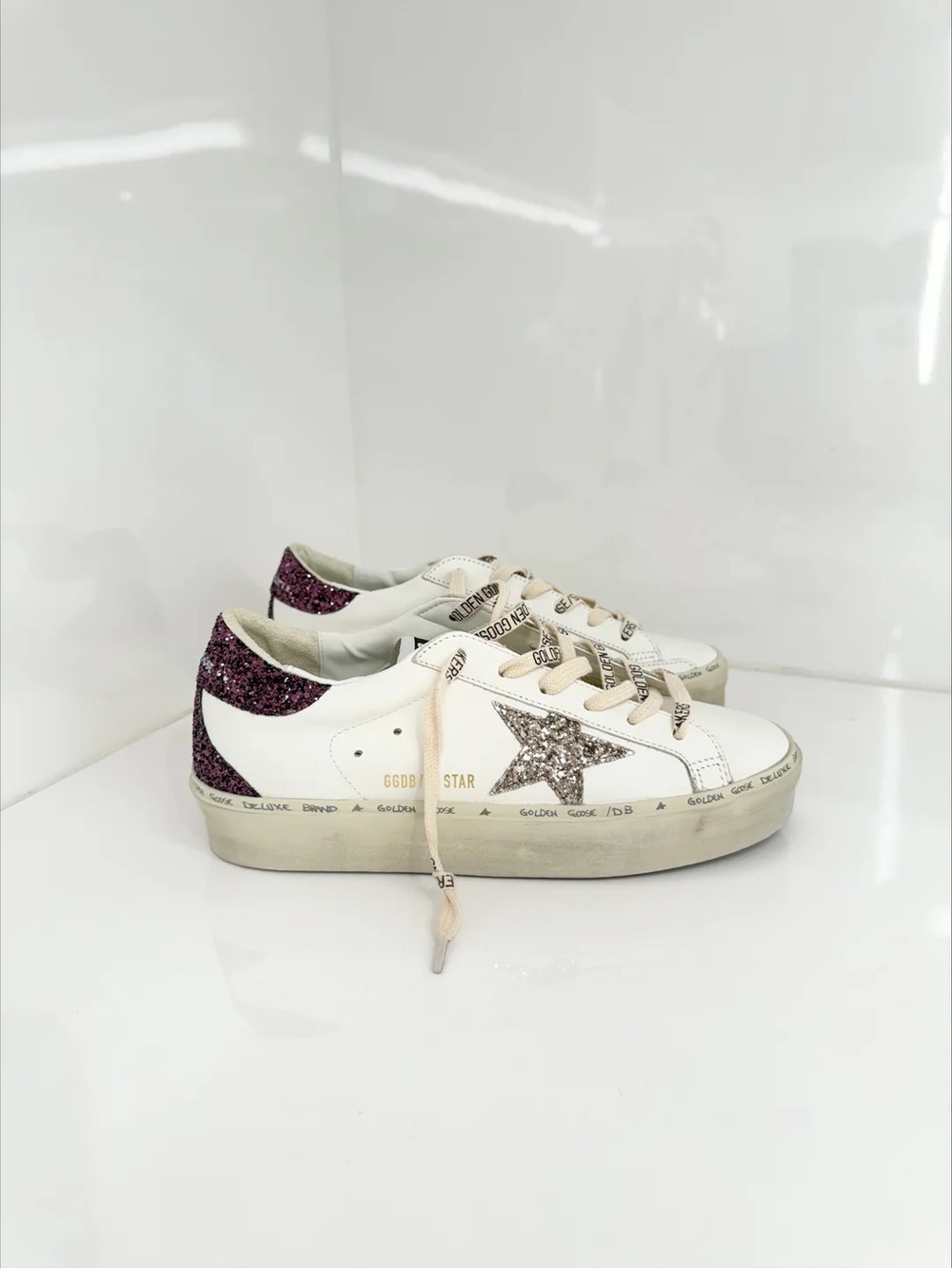 Golden Goose Hi Star Sneakers with Purple Glitter Heel and Silver Glitter Star